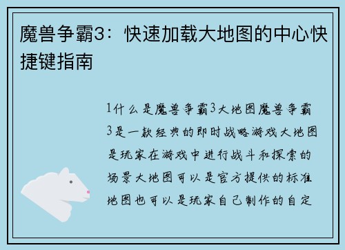 魔兽争霸3：快速加载大地图的中心快捷键指南